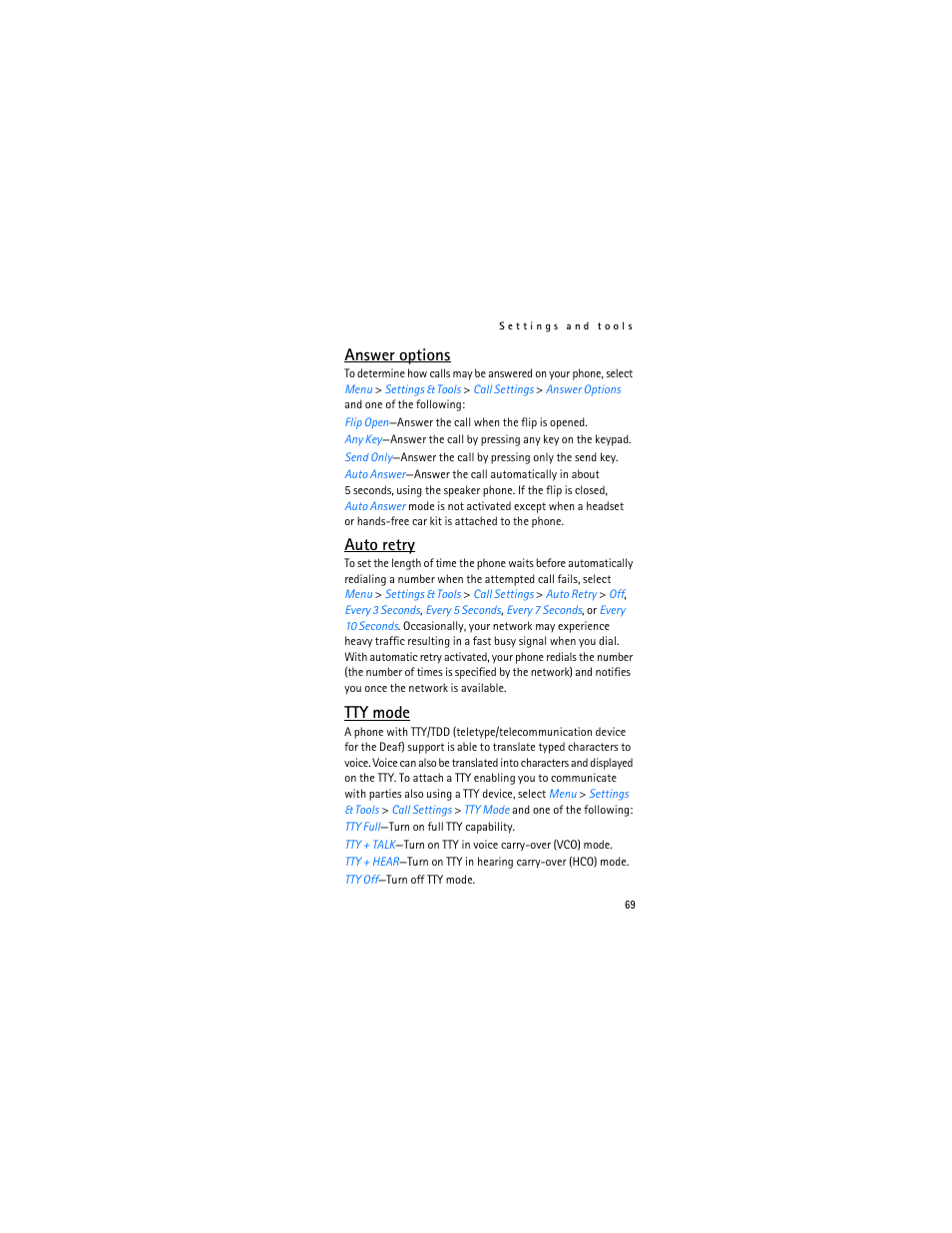 Answer options, Auto retry, Tty mode | Nokia 6315i User Manual | Page 70 / 97