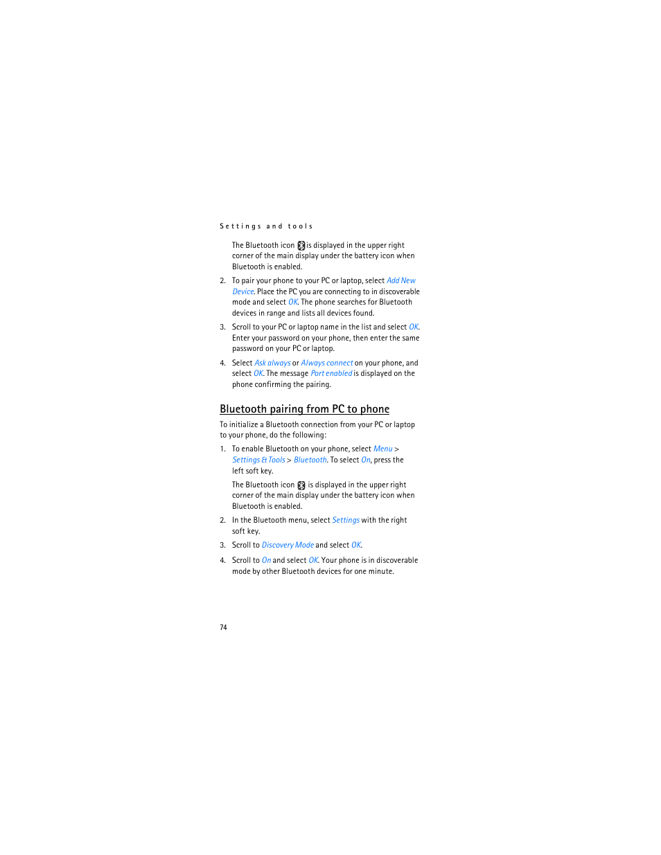 Bluetooth pairing from pc to phone | Nokia 6315i User Manual | Page 75 / 97