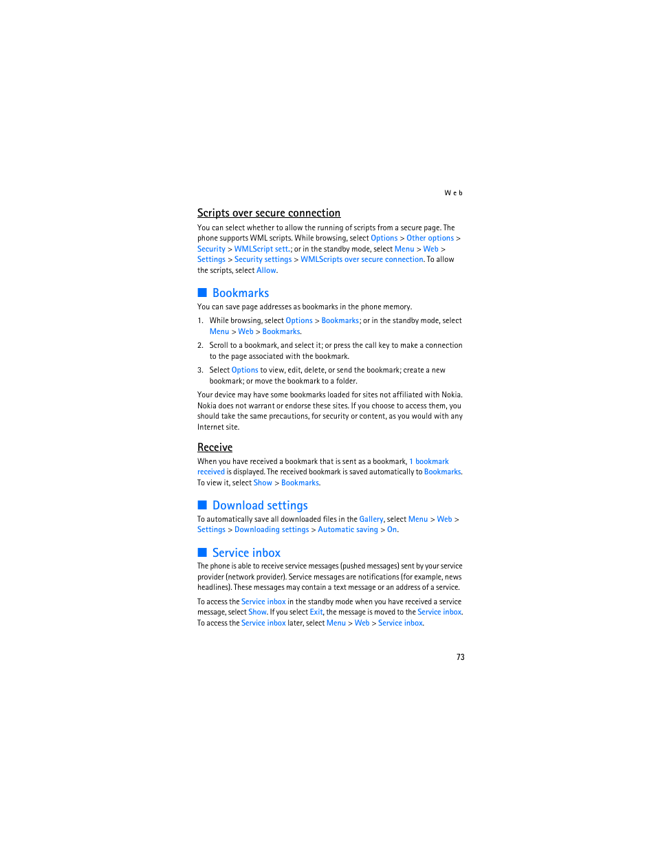 Download settings,” p. 73, Bookmarks, Download settings | Service inbox, Scripts over secure connection, Receive | Nokia 6136 User Manual | Page 106 / 225