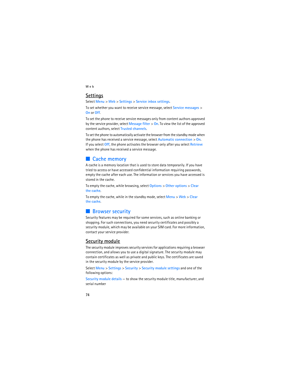 Security module, Browser security, Cache memory | Settings | Nokia 6136 User Manual | Page 107 / 225