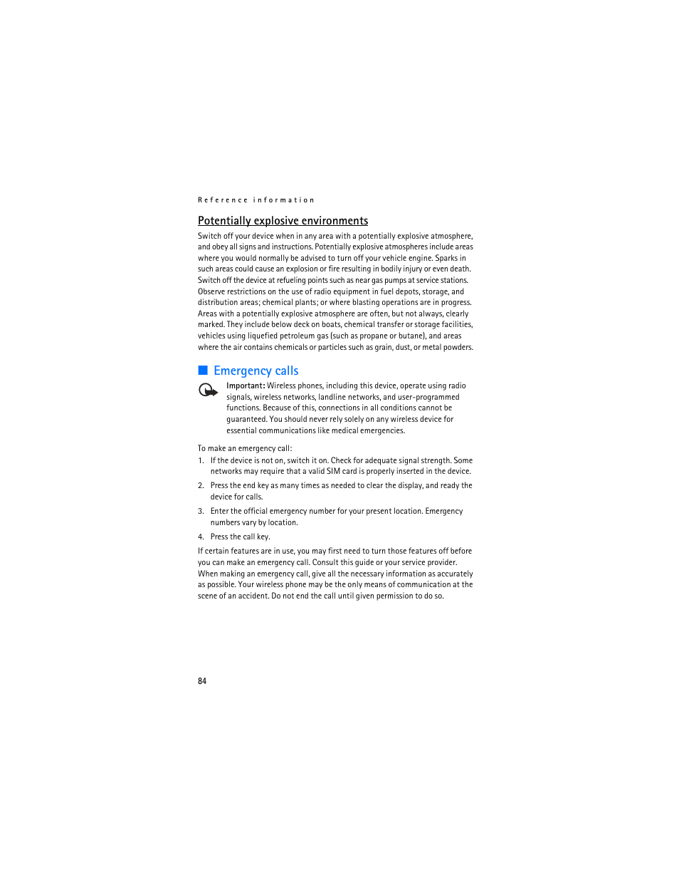 Emergency calls, Potentially explosive environments | Nokia 6136 User Manual | Page 117 / 225