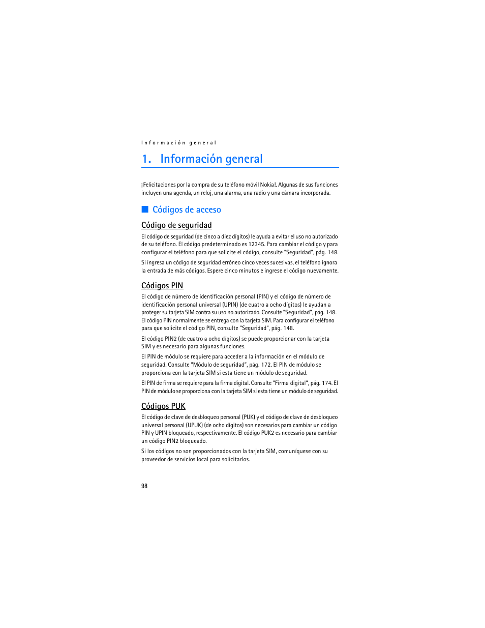 Información general, Códigos de acceso | Nokia 6136 User Manual | Page 131 / 225