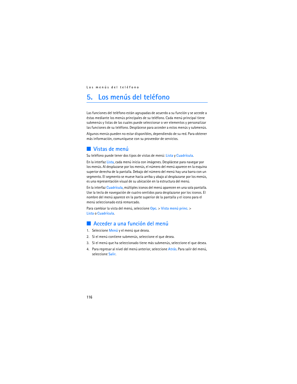 Los menús del teléfono, Vistas de menú, Acceder a una función del menú | Nokia 6136 User Manual | Page 149 / 225