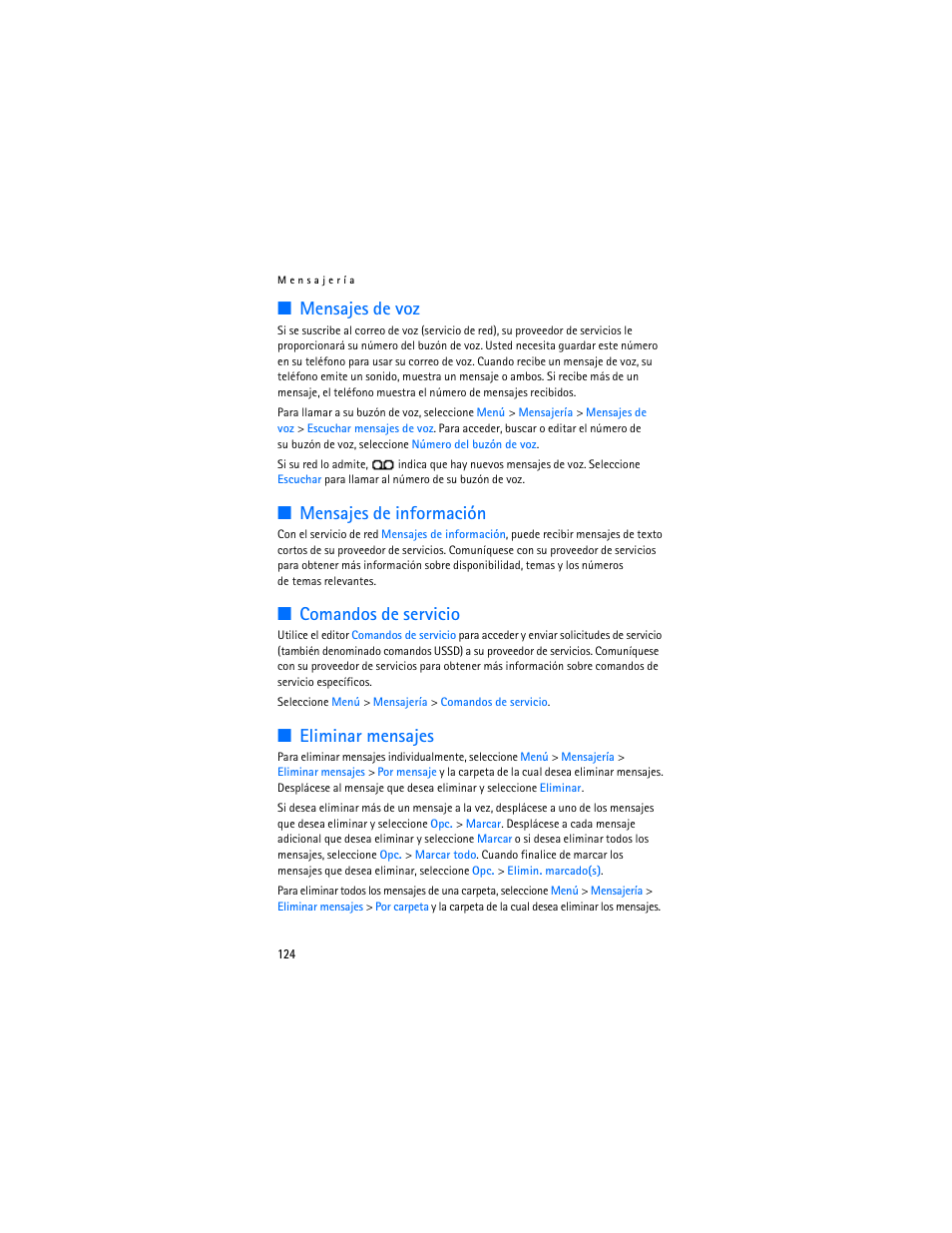 Mensajes de voz, Mensajes de información, Comandos de servicio | Eliminar mensajes | Nokia 6136 User Manual | Page 157 / 225