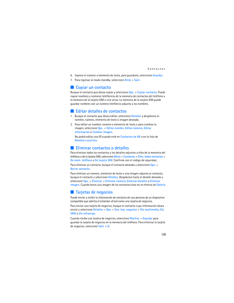 Copiar un contacto, Editar detalles de contactos, Eliminar contactos o detalles | Tarjetas de negocios | Nokia 6136 User Manual | Page 162 / 225