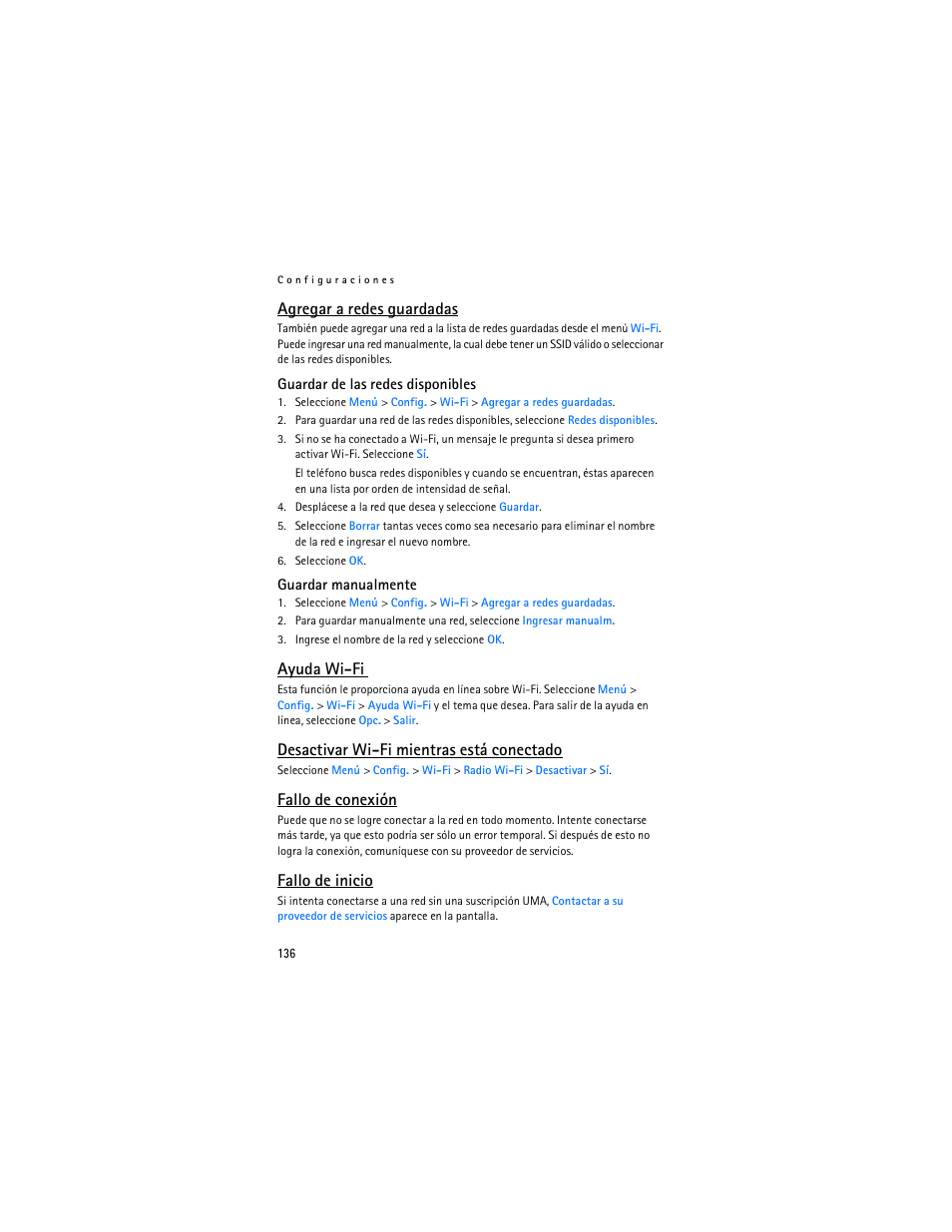 Agregar a redes guardadas, Ayuda wi-fi, Desactivar wi-fi mientras está conectado | Fallo de conexión, Fallo de inicio | Nokia 6136 User Manual | Page 169 / 225