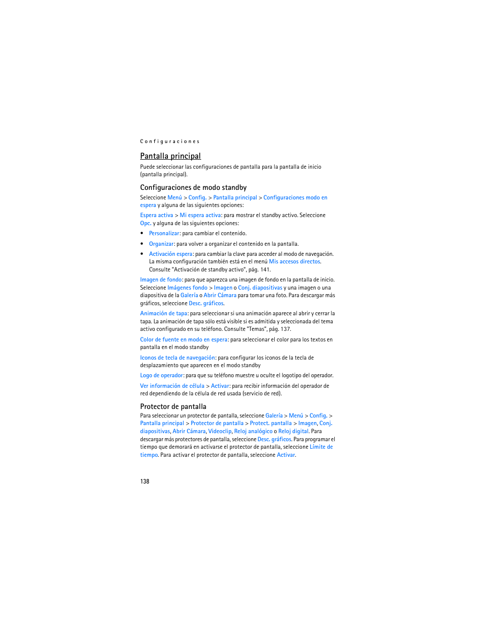 Configuraciones de, Modo standby”, pág. 138, Configuraciones de modo standby”, pág. 138 | Configuraciones de modo standby, Pantalla principal | Nokia 6136 User Manual | Page 171 / 225