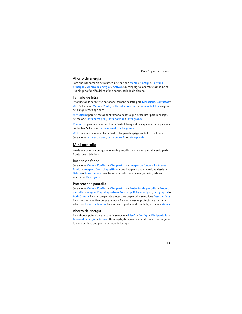 Ahorro de energía”, e, 139 o ”ahorro de energía”, e, Mini pantalla | 139 para obte | Nokia 6136 User Manual | Page 172 / 225
