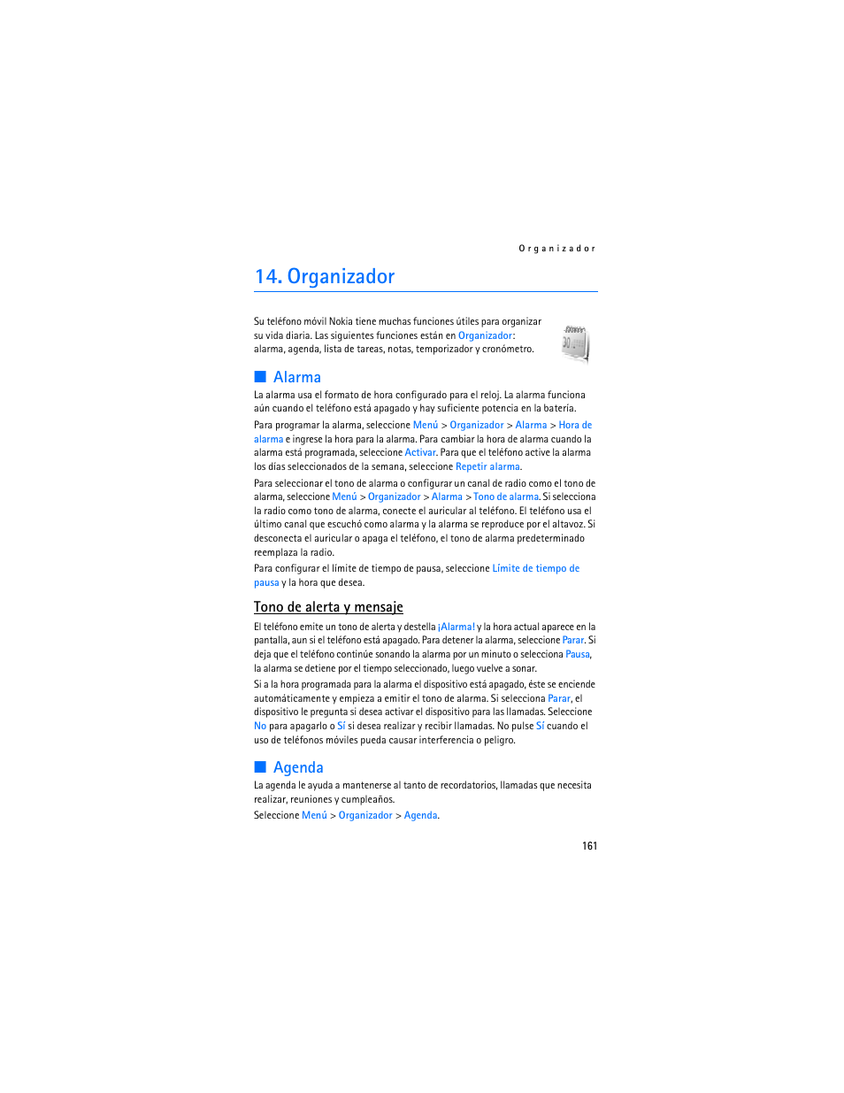 Organizador, Alarma, Agenda | Tono de alerta y mensaje | Nokia 6136 User Manual | Page 194 / 225