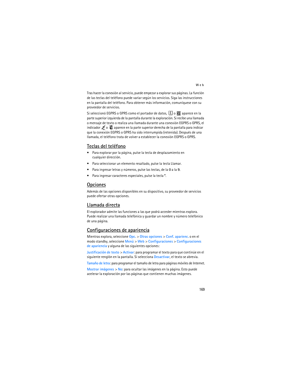 Teclas del teléfono, Opciones, Llamada directa | Configuraciones de apariencia | Nokia 6136 User Manual | Page 202 / 225