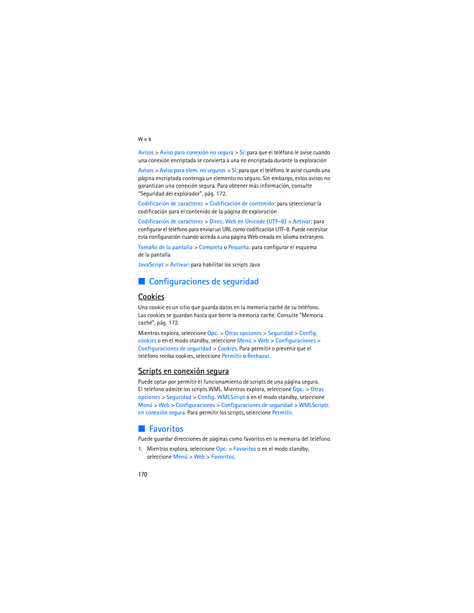 Configuraciones de seguridad, Favoritos, Cookies | Scripts en conexión segura | Nokia 6136 User Manual | Page 203 / 225