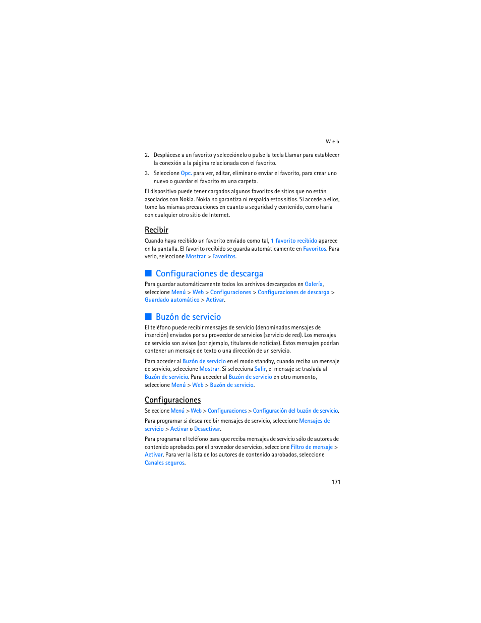 Configuraciones de descarga”, pá, Configuraciones de descarga, Buzón de servicio | Recibir, Configuraciones | Nokia 6136 User Manual | Page 204 / 225