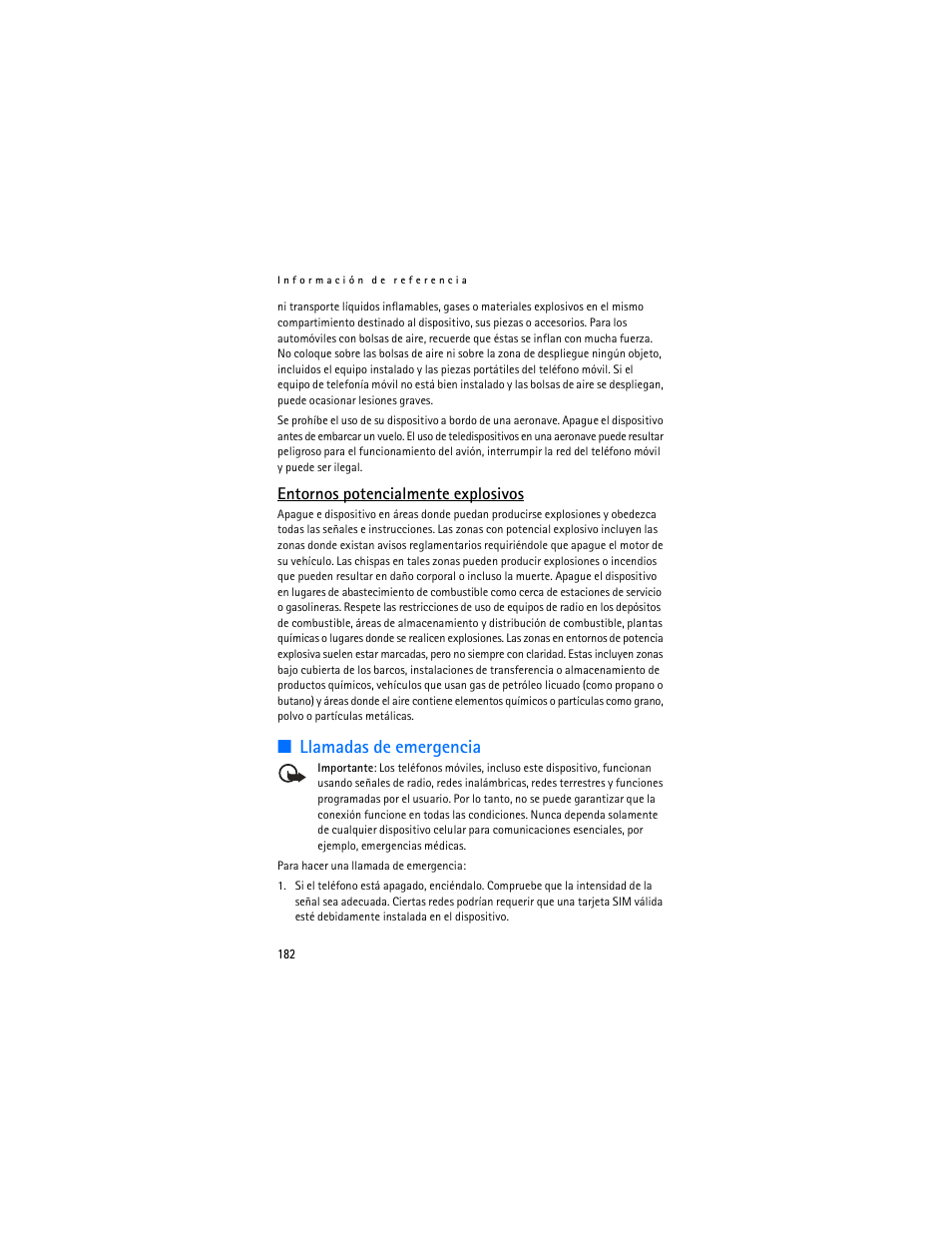 Llamadas de emergencia, Entornos potencialmente explosivos | Nokia 6136 User Manual | Page 215 / 225