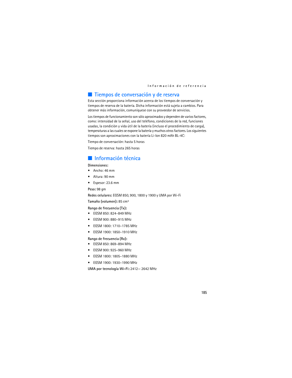 Tiempos de conversación y de reserva, Información técnica | Nokia 6136 User Manual | Page 218 / 225