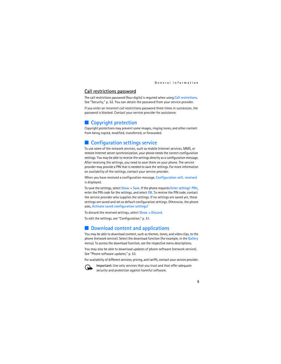 Copyright protection, Configuration settings service, Download content and applications | Call restrictions password | Nokia 6136 User Manual | Page 42 / 225