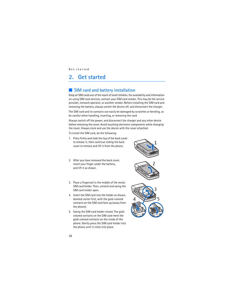 Get started, Sim card and battery installation | Nokia 6136 User Manual | Page 43 / 225