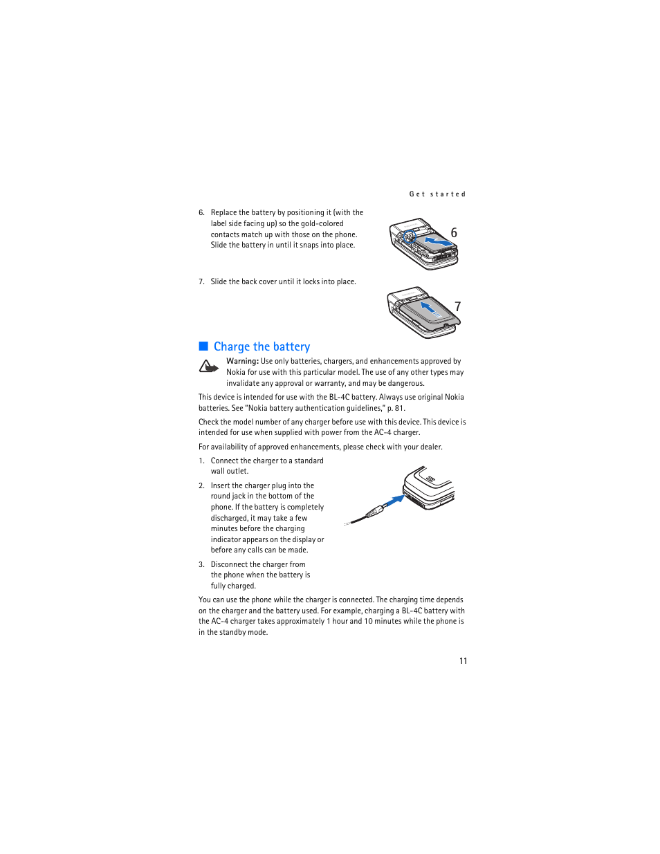 Charge the battery | Nokia 6136 User Manual | Page 44 / 225