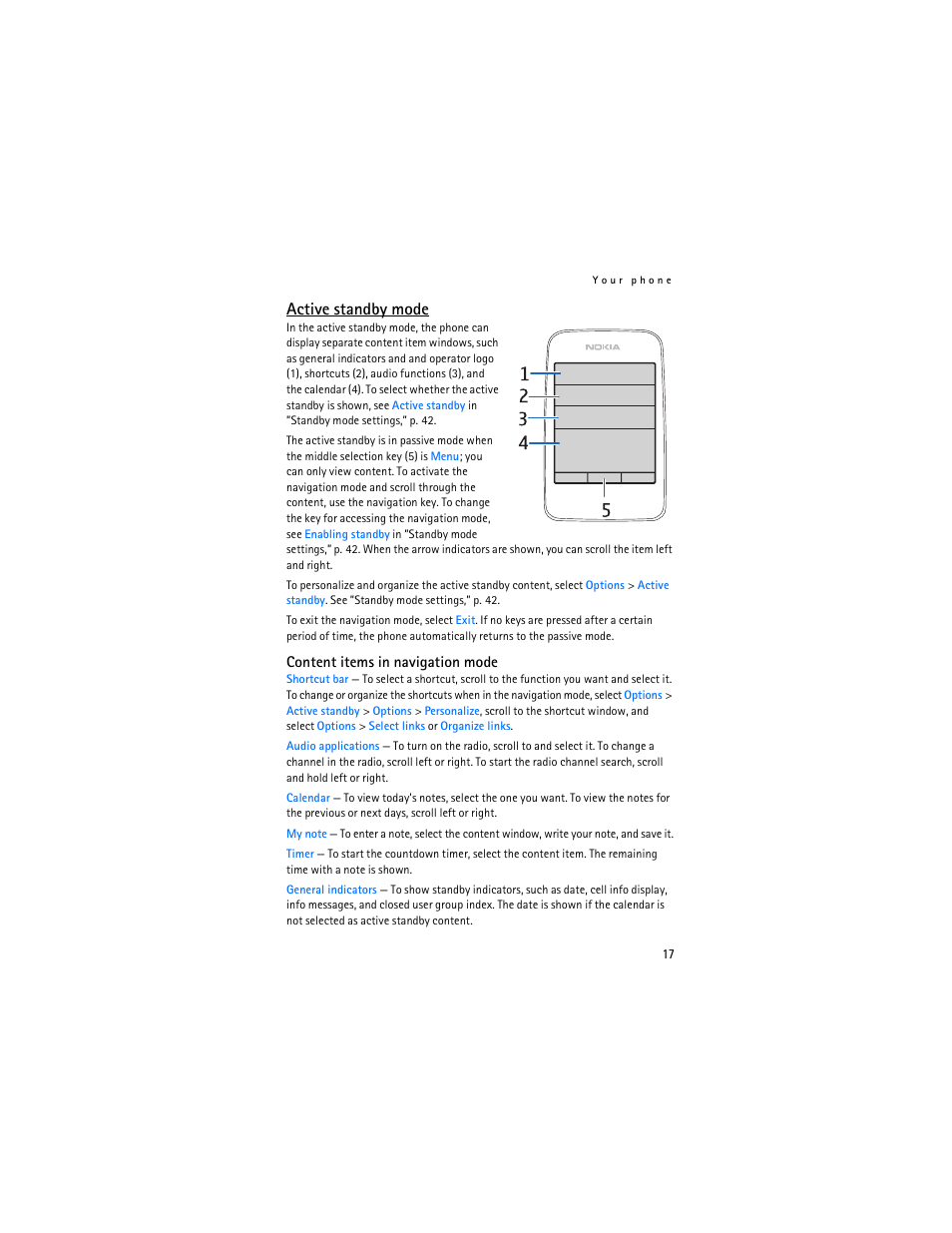 Active standby mode, Active standby mode,” p. 17 | Nokia 6136 User Manual | Page 50 / 225