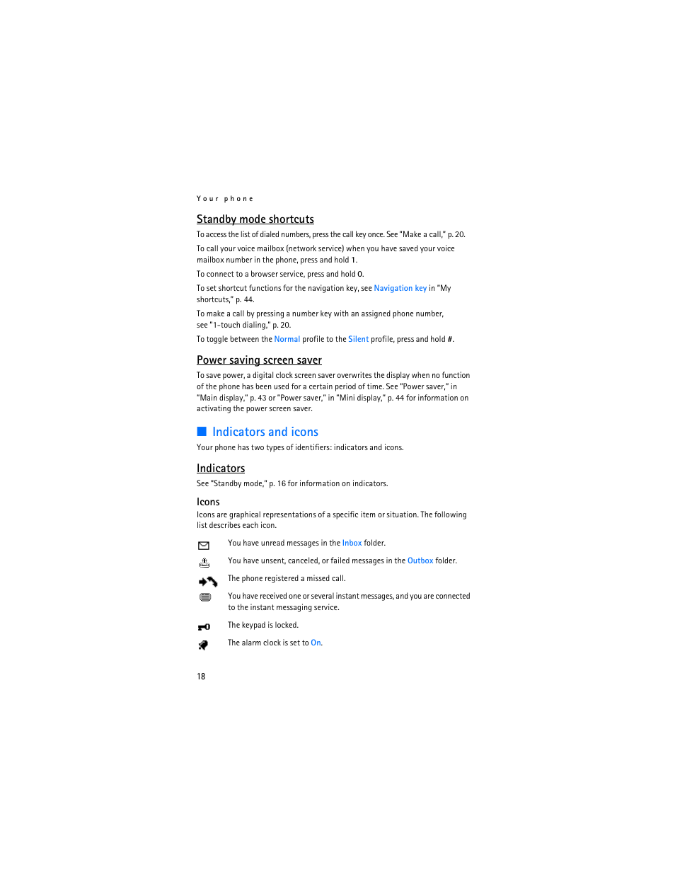 Indicators and icons, Standby mode shortcuts, Power saving screen saver | Indicators | Nokia 6136 User Manual | Page 51 / 225
