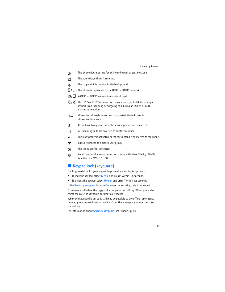 Keypad lock (keyguard) | Nokia 6136 User Manual | Page 52 / 225