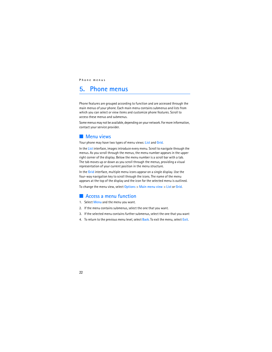 Phone menus, Menu views, Access a menu function | Nokia 6136 User Manual | Page 55 / 225