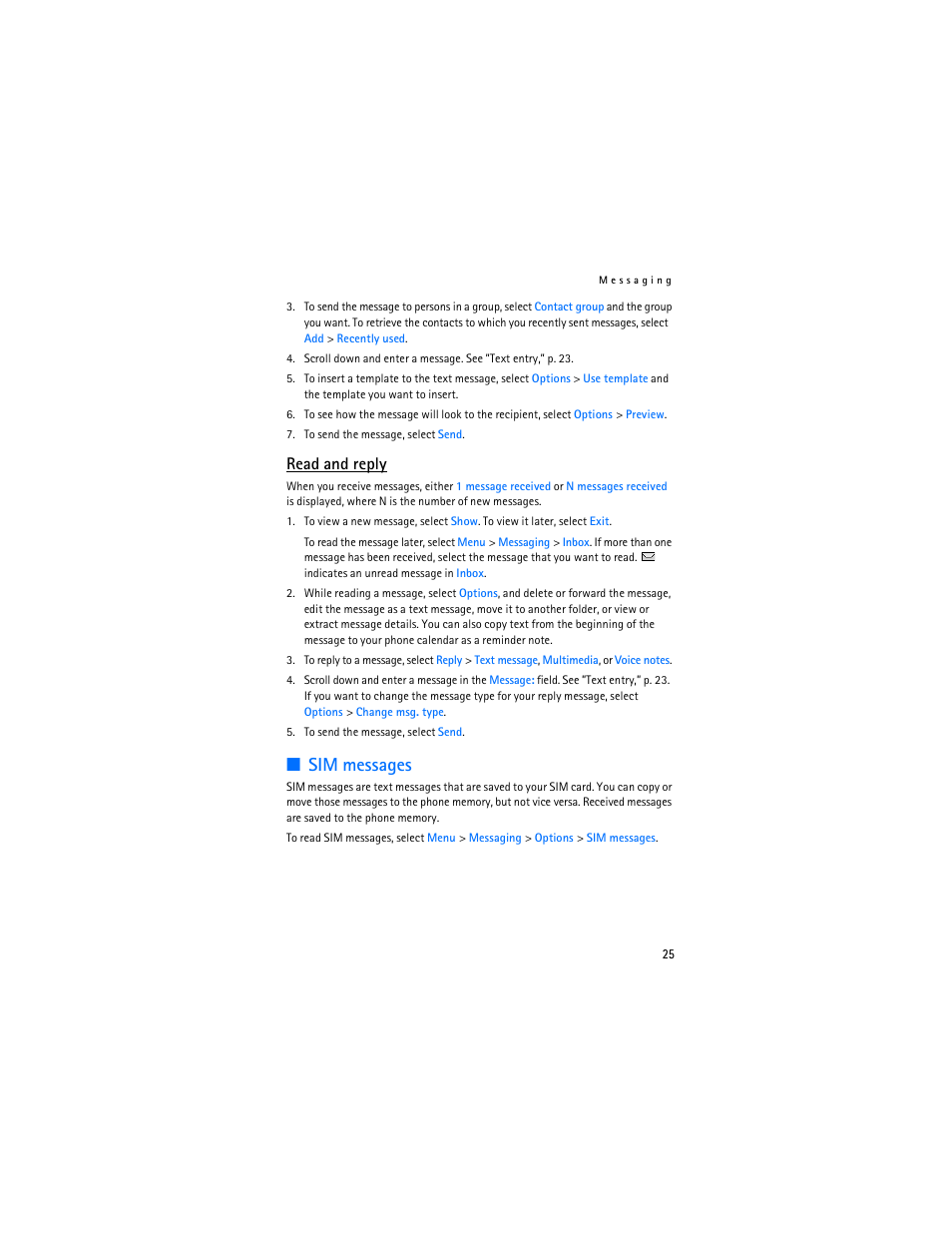 Sim messages, Read and reply | Nokia 6136 User Manual | Page 58 / 225