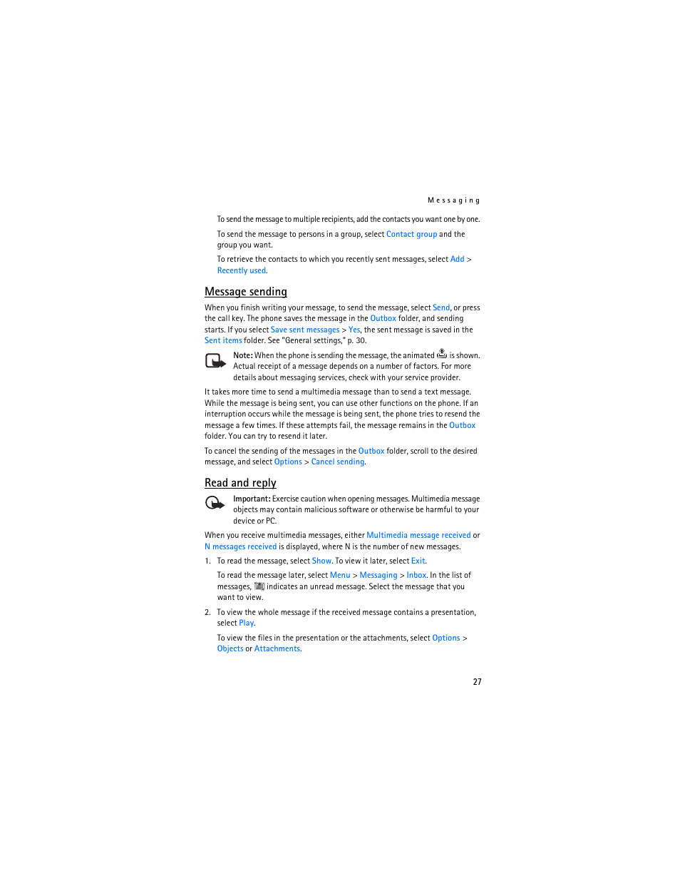 Message sending,” p. 27, Message sending, Read and reply | Nokia 6136 User Manual | Page 60 / 225