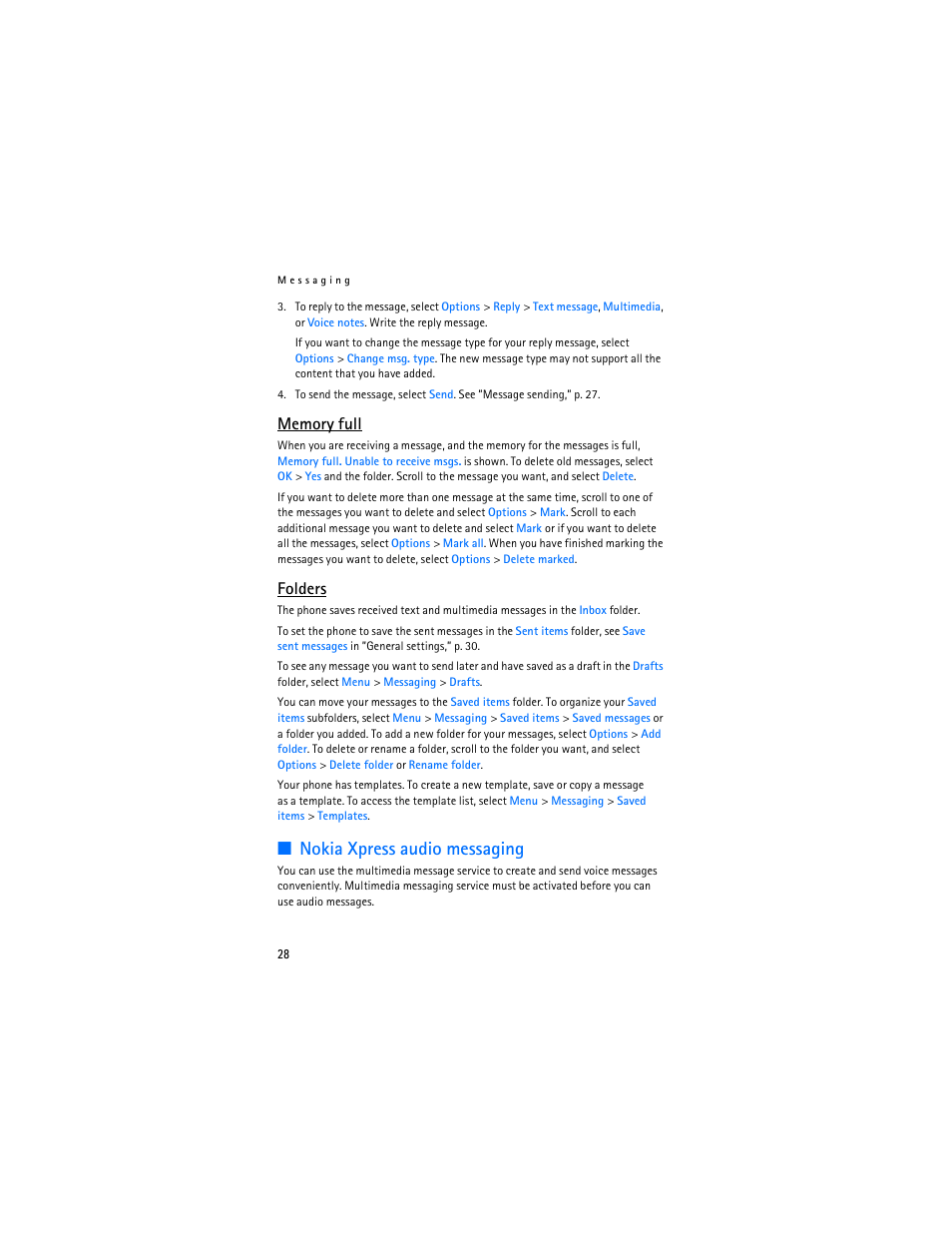 Nokia xpress audio messaging, Folders | Nokia 6136 User Manual | Page 61 / 225