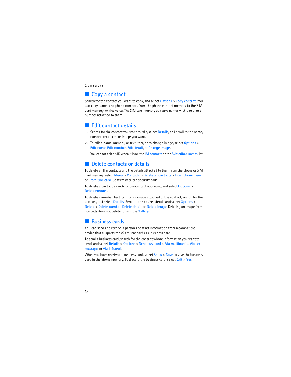 Copy a contact, Edit contact details, Delete contacts or details | Business cards | Nokia 6136 User Manual | Page 67 / 225