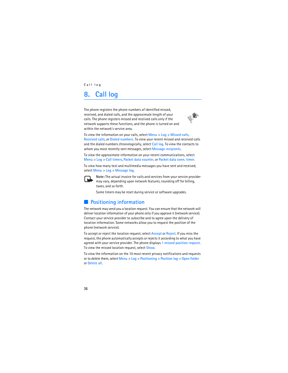 Call log, Positioning information | Nokia 6136 User Manual | Page 69 / 225