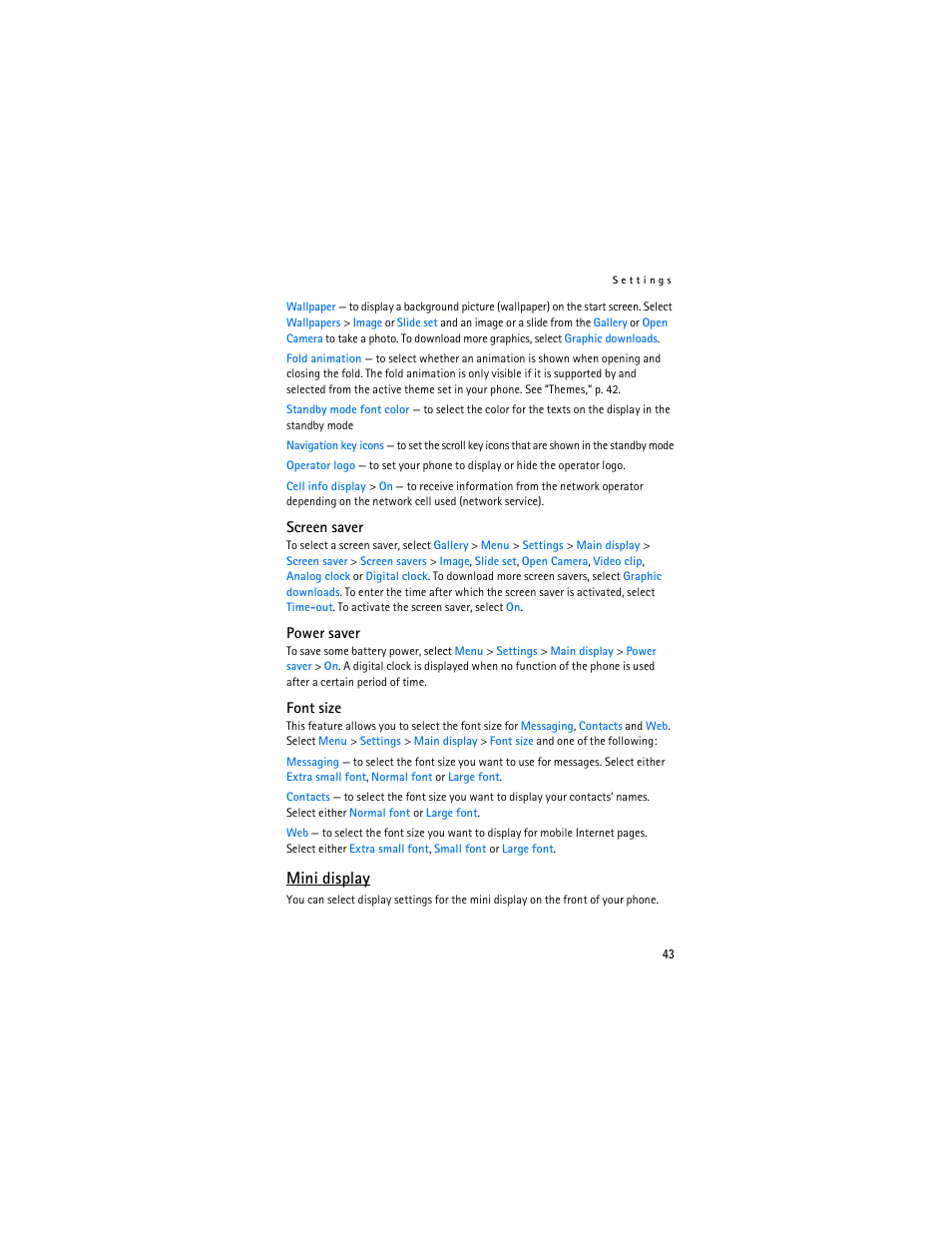 Power saver, Mini display,” p, Mini display | Nokia 6136 User Manual | Page 76 / 225