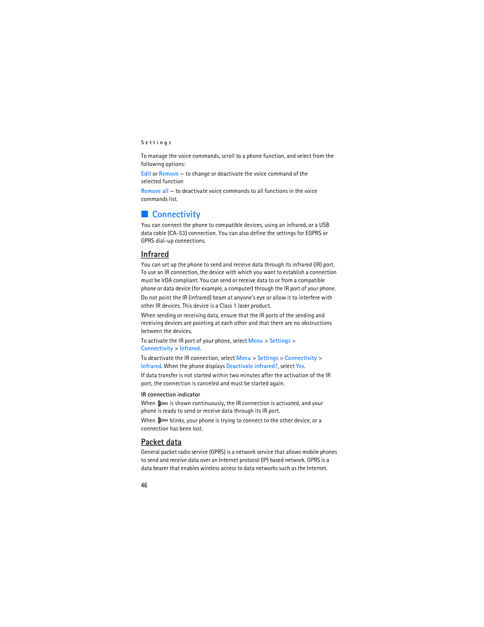 Connectivity, Infrared, Packet data | Nokia 6136 User Manual | Page 79 / 225