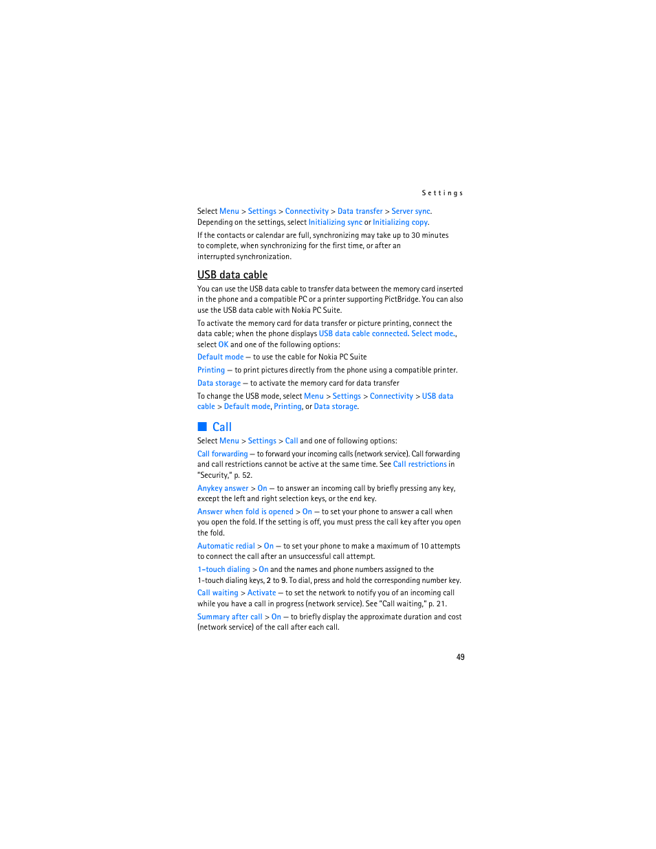 Call, Usb data cable | Nokia 6136 User Manual | Page 82 / 225