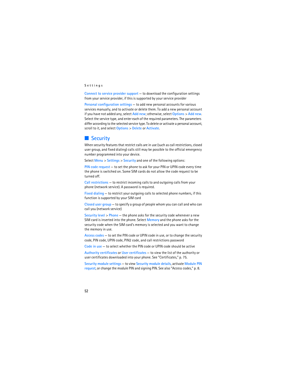E ”security, Security, Security,” p. 52 | Nokia 6136 User Manual | Page 85 / 225