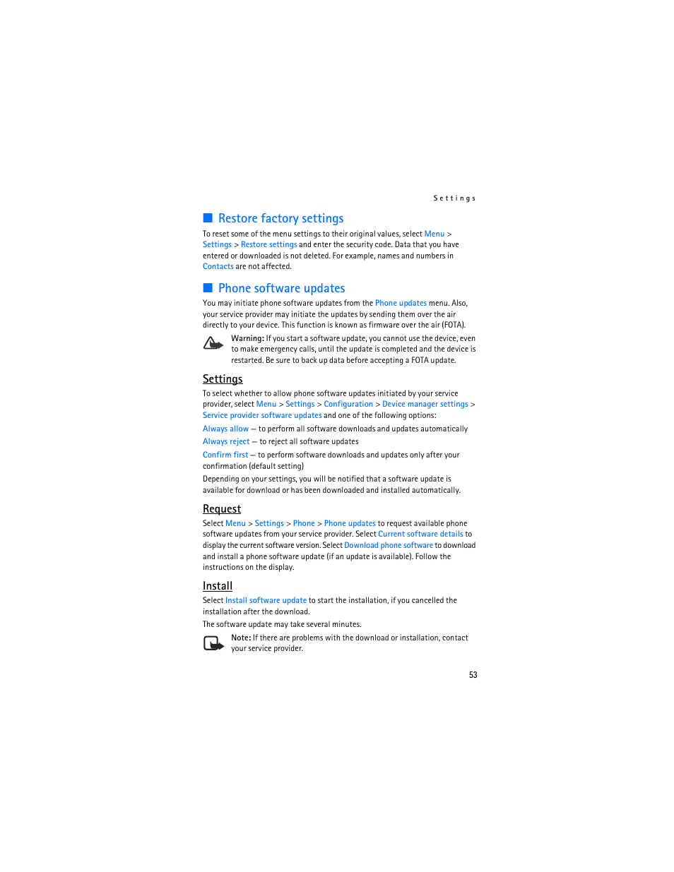 Phone software updates, Restore factory settings, Settings | Request, Install | Nokia 6136 User Manual | Page 86 / 225