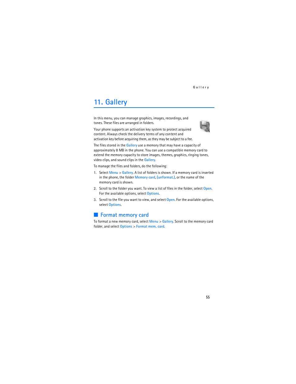 Gallery, Format memory card | Nokia 6136 User Manual | Page 88 / 225