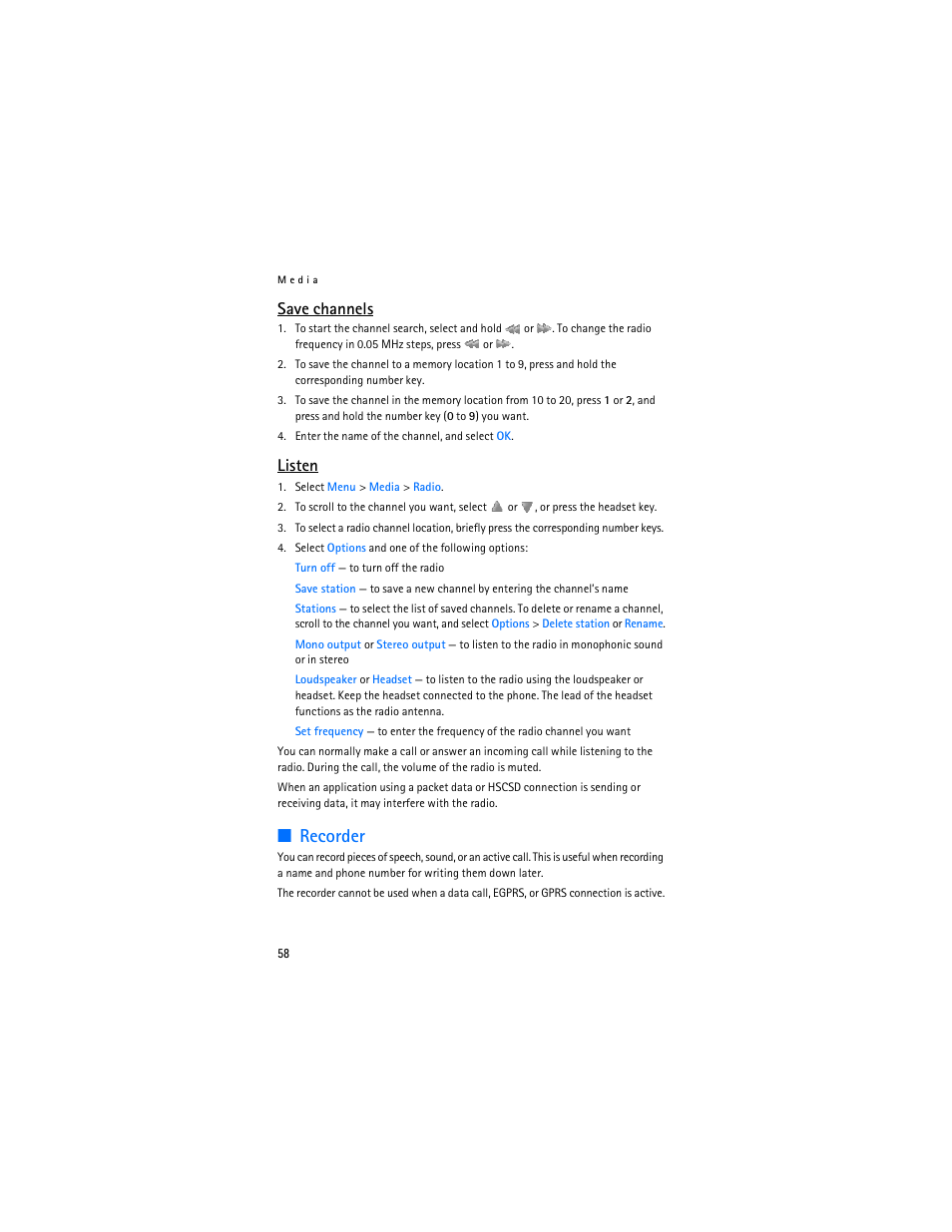 Recorder, Save channels, Listen | Nokia 6136 User Manual | Page 91 / 225