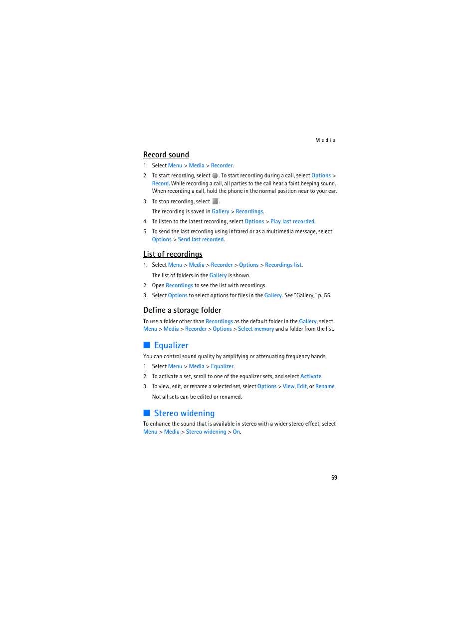 Equalizer, Stereo widening, Record sound | List of recordings, Define a storage folder | Nokia 6136 User Manual | Page 92 / 225