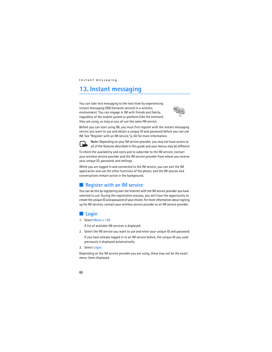 Instant messaging, Register with an im service, Login | Nokia 6136 User Manual | Page 93 / 225