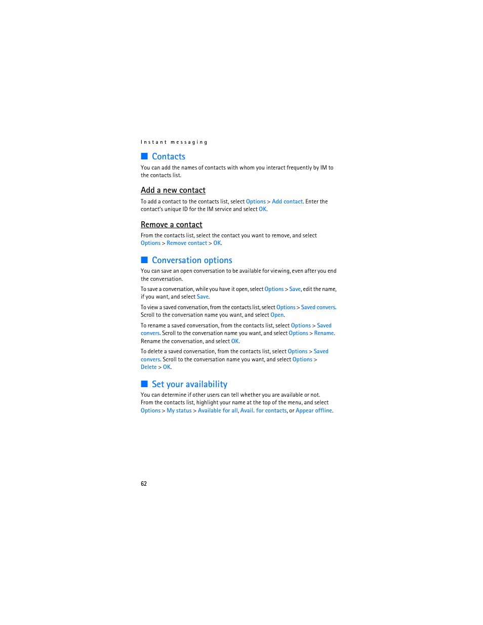 Contacts, Conversation options, Set your availability | Add a new contact, Remove a contact | Nokia 6136 User Manual | Page 95 / 225
