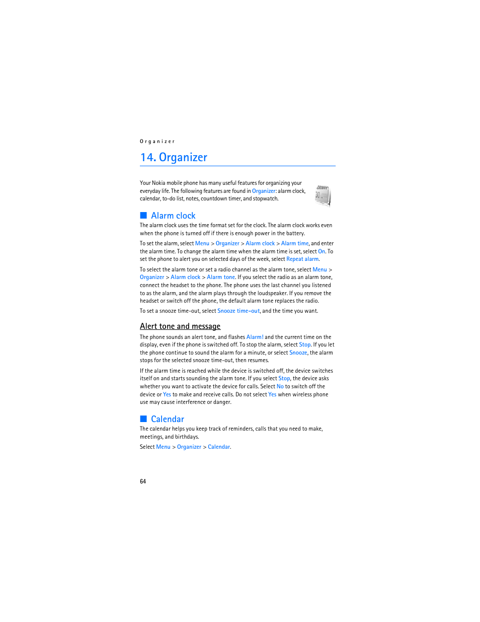 Organizer, Alarm clock, Calendar | Alert tone and message | Nokia 6136 User Manual | Page 97 / 225