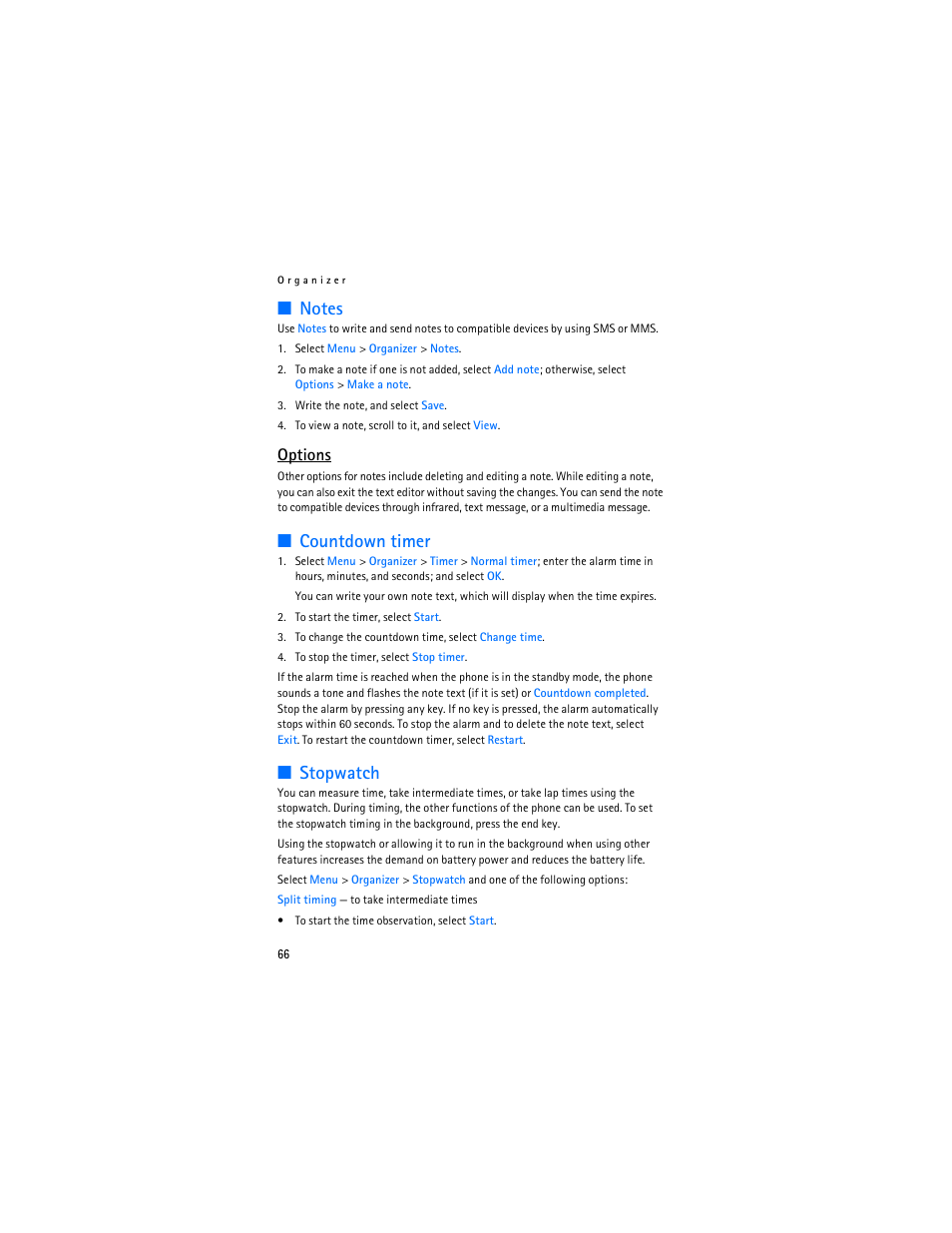 Countdown timer, Stopwatch, Options | Nokia 6136 User Manual | Page 99 / 225