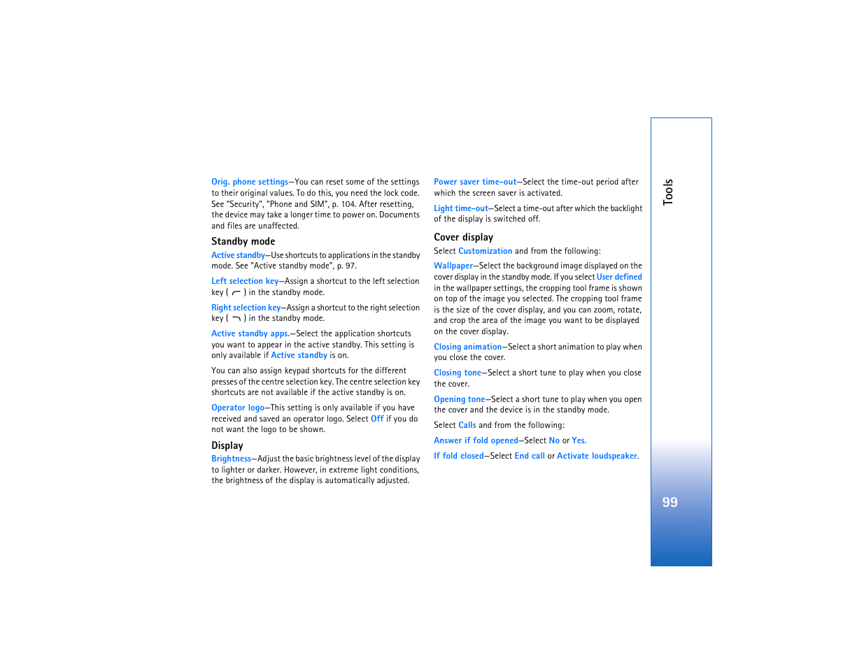 Cover display, Standby mode, Tools | Nokia N93 User Manual | Page 100 / 273