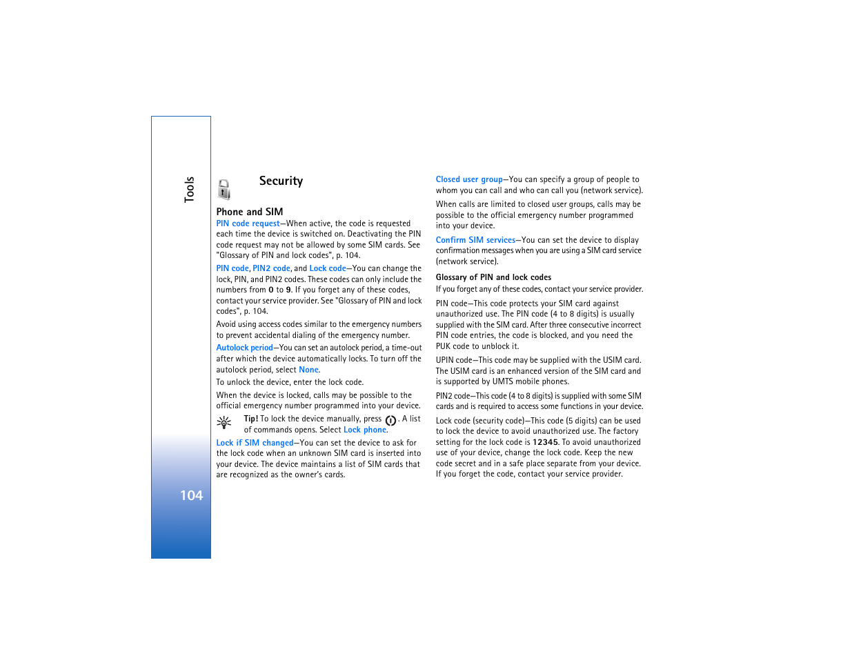 Security, Phone and sim, Tools | Nokia N93 User Manual | Page 105 / 273