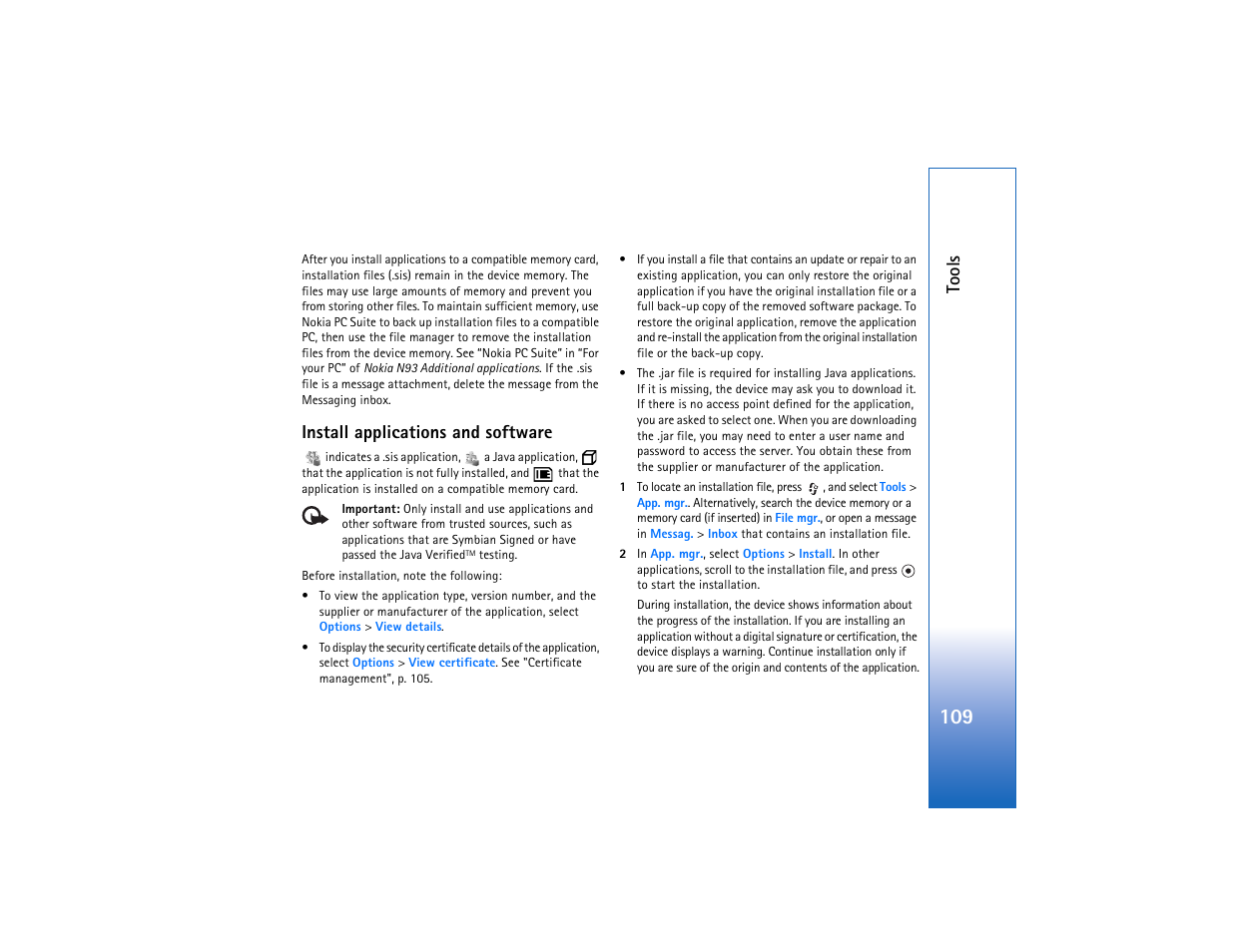 Install applications and software, Tools | Nokia N93 User Manual | Page 110 / 273