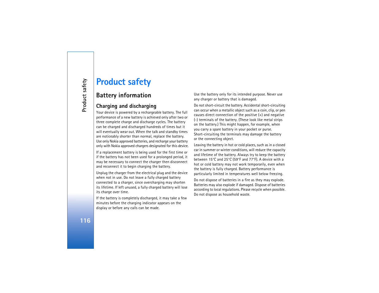 Product safety, Battery information, Charging and discharging | Nokia N93 User Manual | Page 117 / 273