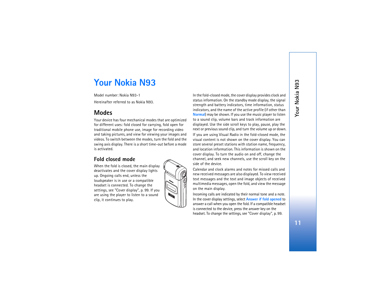 Your nokia n93, Modes, Fold closed mode | Nokia N93 User Manual | Page 12 / 273