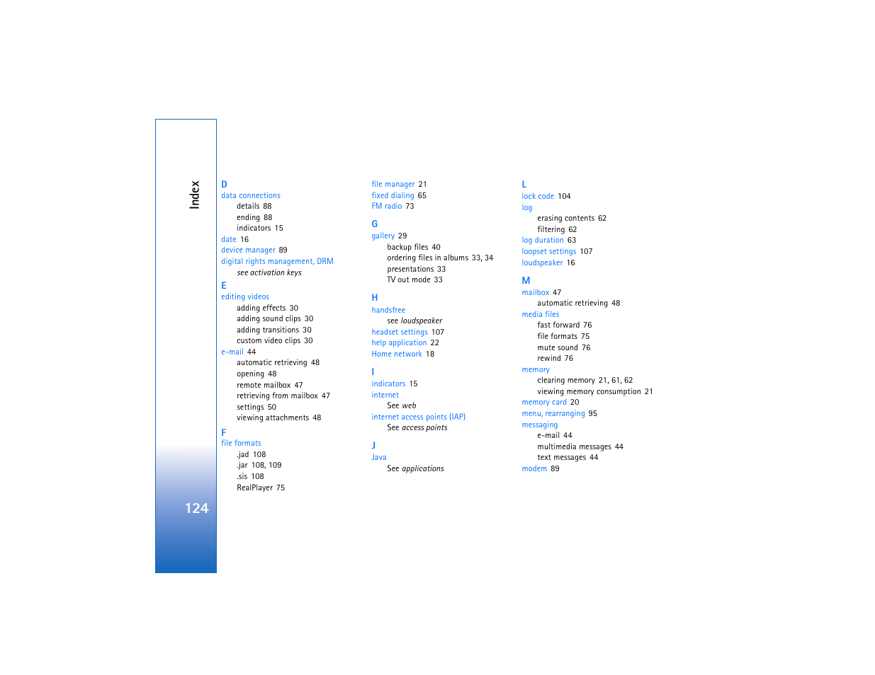 Ind ex | Nokia N93 User Manual | Page 125 / 273