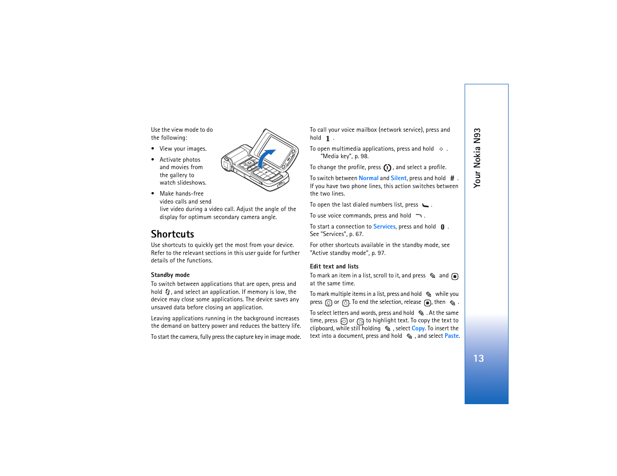 Shortcuts, Standby mode, Edit text and lists | You r nokia n93 | Nokia N93 User Manual | Page 14 / 273