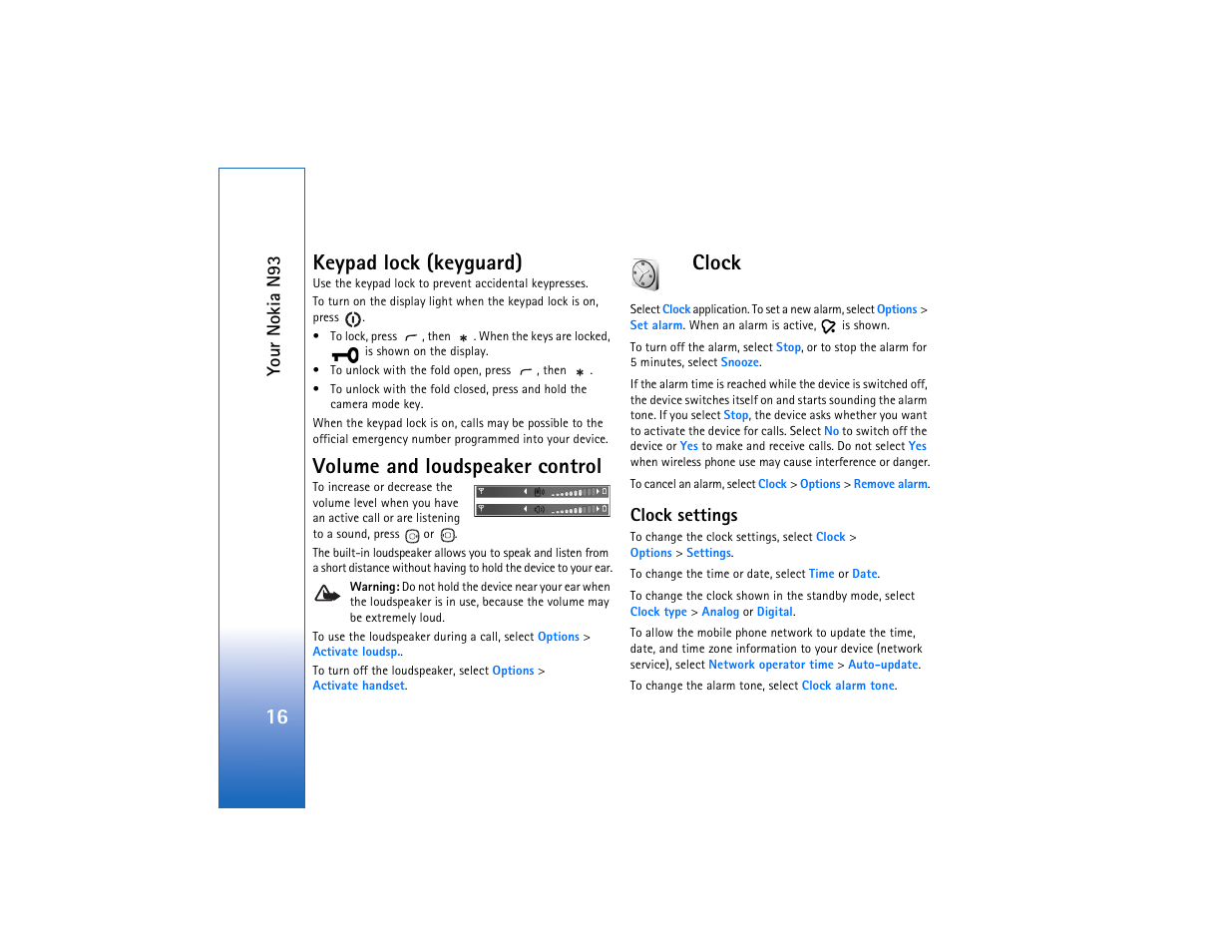 Keypad lock (keyguard), Volume and loudspeaker control, Clock | Clock settings, 16 keypad lock (keyguard), You r nokia n93 | Nokia N93 User Manual | Page 17 / 273